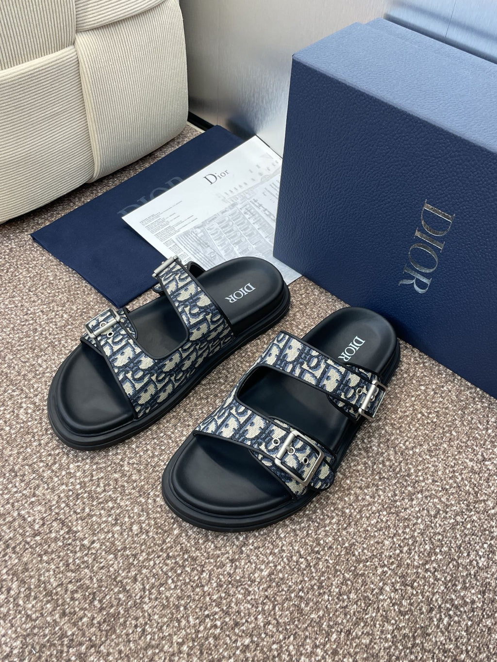 DIOR 25S DIORACT SLIDE IN DEEP BLUE CALFSKIN AND CANVAS SILVER HARDWARE