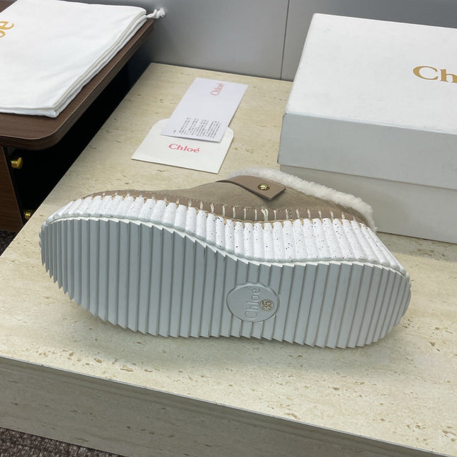 CHLOÉ 26S FUR-LINED WEDGE MULES IN DARK BEIGE SUEDE