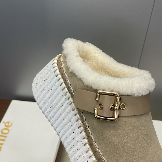 CHLOÉ 26S FUR-LINED WEDGE MULES IN DARK BEIGE SUEDE