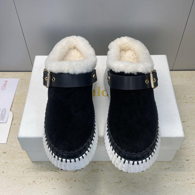 CHLOÉ 26S FUR-LINED WEDGE MULES IN BLACK SUEDE