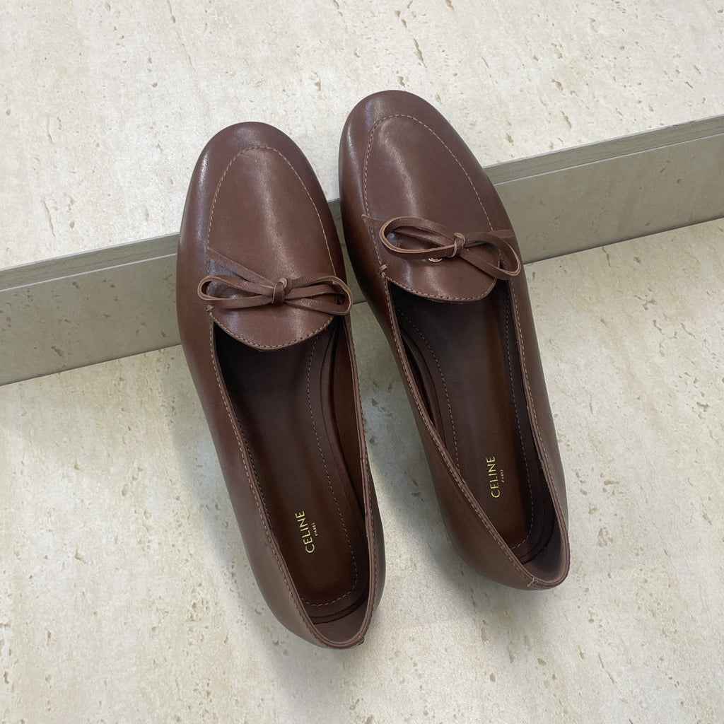 CELINE 26S BALLET FLATS IN DARK BROWN LAMBSKIN WITH BOW