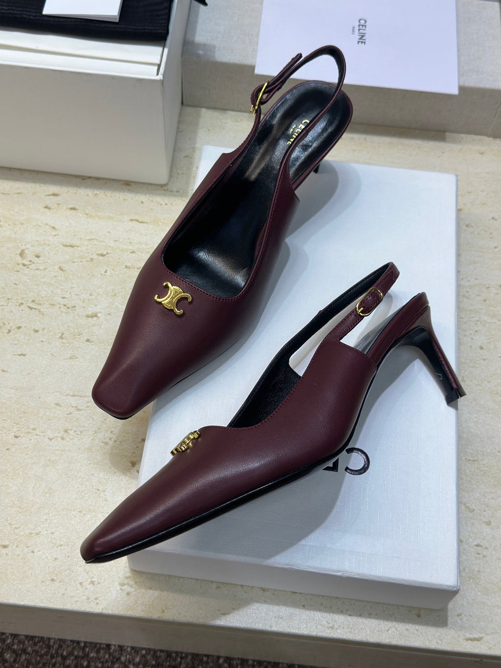 CELINE 26S SLINGBACK HEELS 65 MM IN DARK RED CALFSKIN