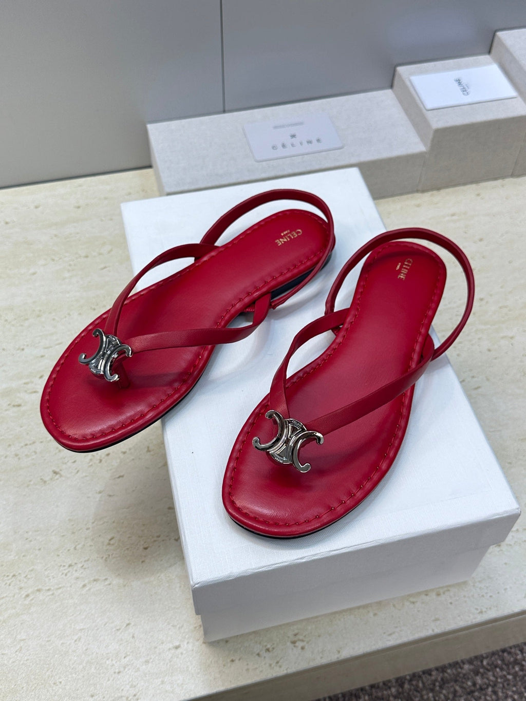 CELINE 26S THONG SANDALS IN RED CALFSKIN