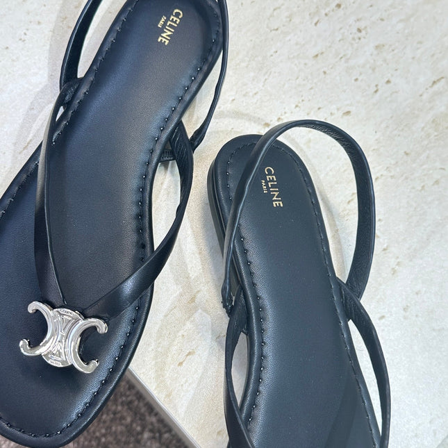 CELINE 26S THONG SANDALS IN BLACK CALFSKIN