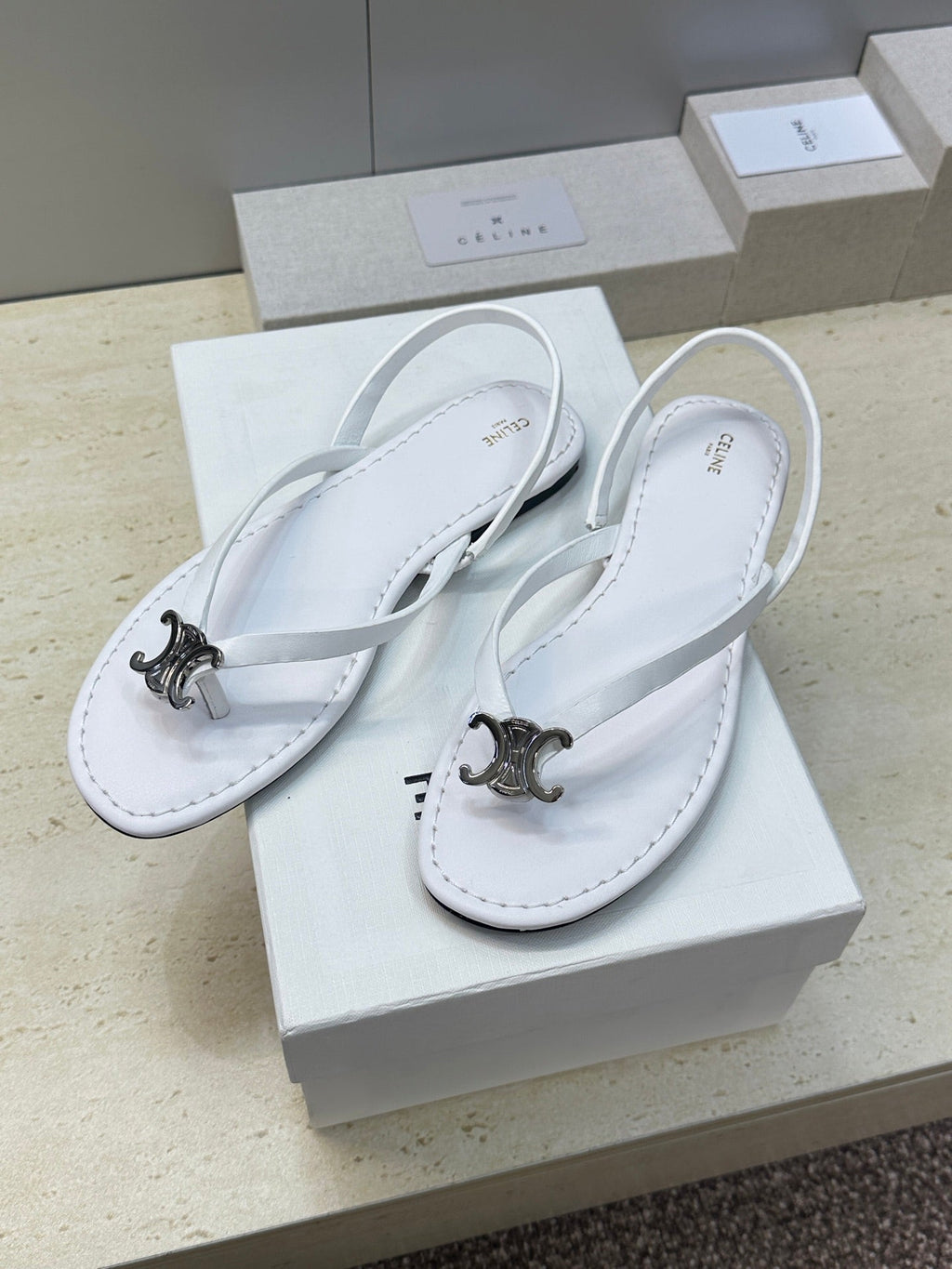 CELINE 26S THONG SANDALS IN WHITE CALFSKIN