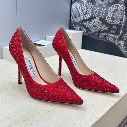 JIMMY CHOO 26S HIGH HEELS 95 MM IN RED CRYSTAL-EMBELLISHED