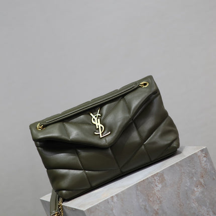 YSL 25S LOULOU PUFFER MM 29 IN DARK OLIVE CALFSKIN GOLD HARDWARE