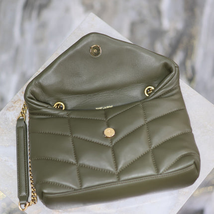 YSL 25S LOULOU PUFFER MINI 23 IN DARK OLIVE CALFSKIN GOLD HARDWARE