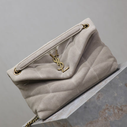 YSL 25S LOULOU PUFFER MM 29 IN SMOKEY TAUPE SUEDE GOLD HARDWARE