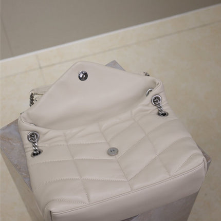 YSL 25S LOULOU PUFFER MM 29 IN SMOKEY TAUPE CALFSKIN SILVER HARDWARE