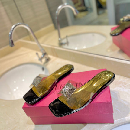 VALENTINO 26S FLAT SLIDES IN BLACK MIX GOLD LAMBSKIN WITH CRYSTAL