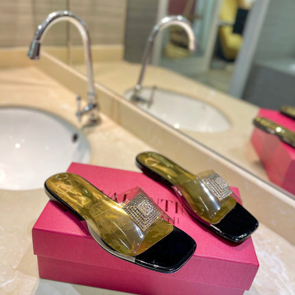 VALENTINO 26S FLAT SLIDES IN BLACK MIX GOLD LAMBSKIN WITH CRYSTAL