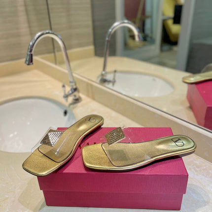 VALENTINO 26S FLAT SLIDES IN GOLD LAMBSKIN WITH CRYSTAL
