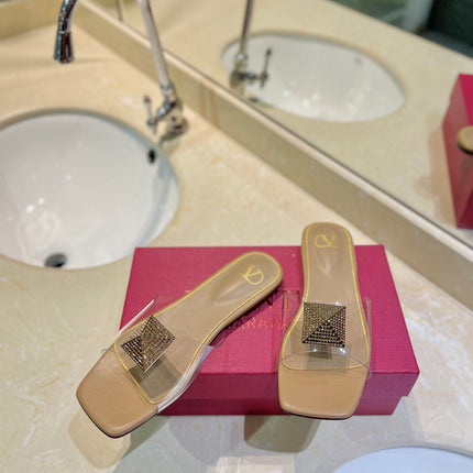 VALENTINO 26S FLAT SLIDES IN BEIGE LAMBSKIN WITH CRYSTAL