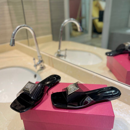 VALENTINO 26S FLAT SLIDES IN BLACK LAMBSKIN WITH CRYSTAL STYLE 1