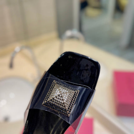 VALENTINO 26S FLAT SLIDES IN BLACK LAMBSKIN WITH CRYSTAL STYLE 1