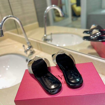 VALENTINO 26S FLAT SLIDES IN BLACK LAMBSKIN WITH CRYSTAL STYLE 1