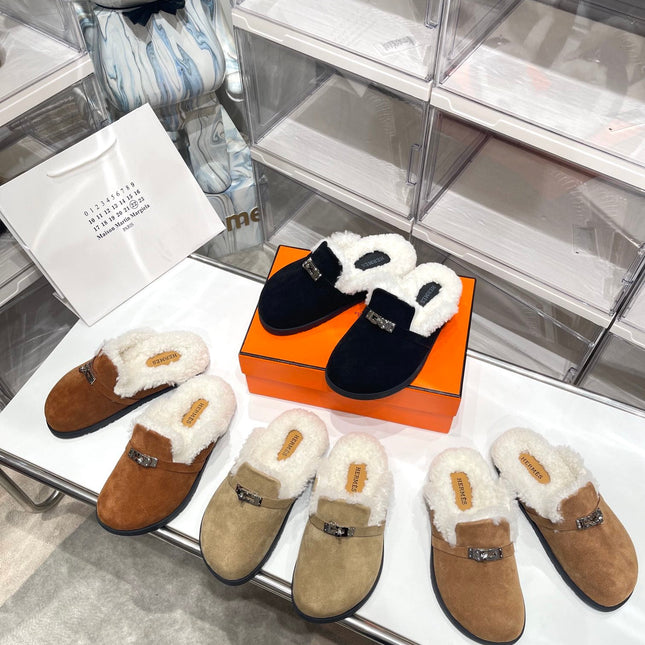 SLIP-ON MULE IN MEDIUM BROWN SUEDE AND SHEARLING LINING
