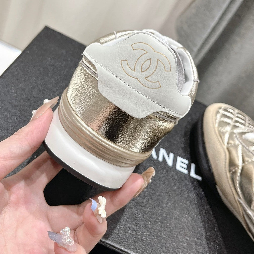 Double C  New Quilted Panda Shoes Gold Sheepskin