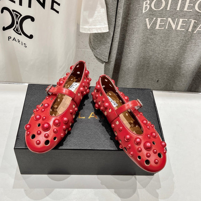 ALAIA PEARL MARY JANE SHOES IN ROSE RED LAMBSKIN