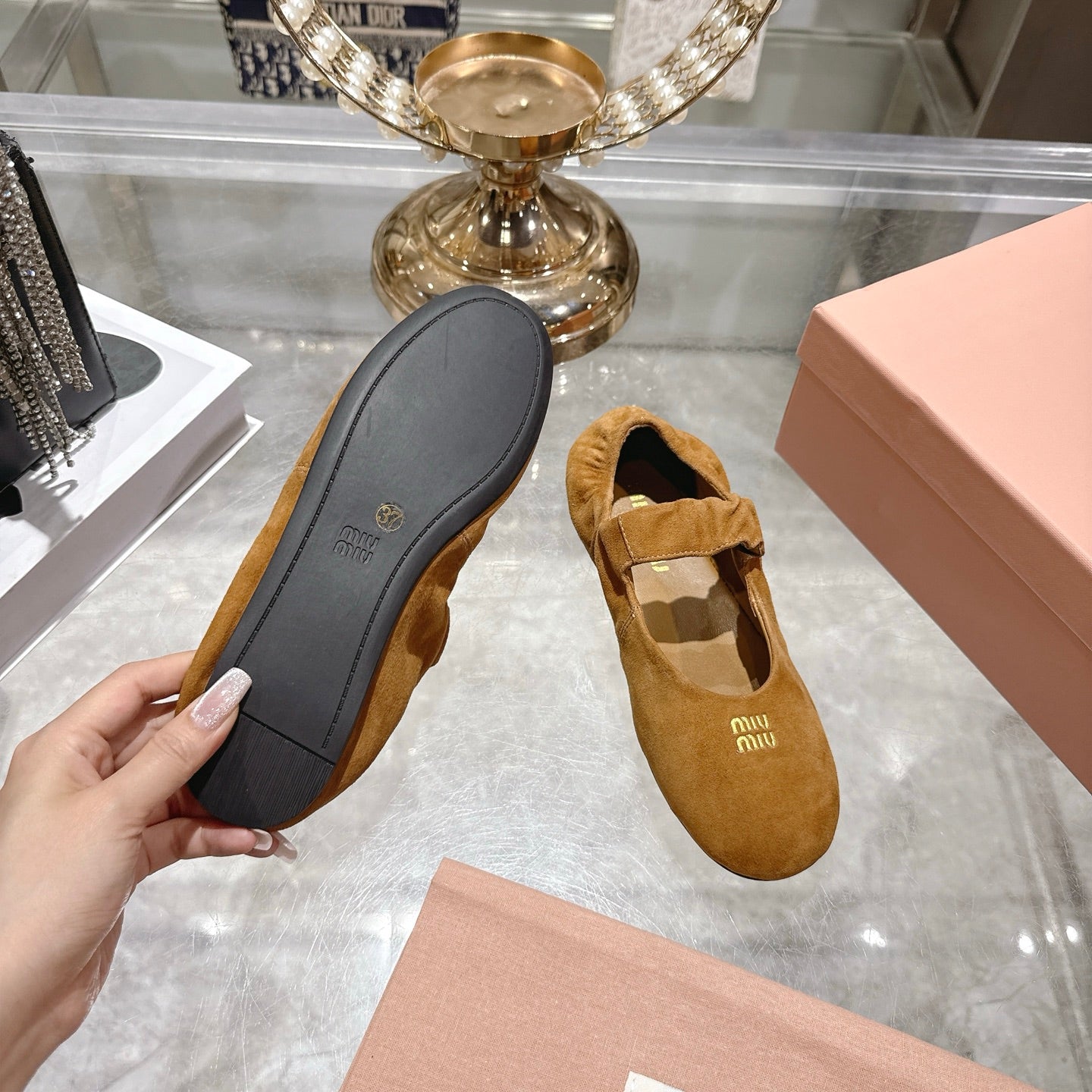 MIUMIU 26S MARY JANE FLATS IN BROWN SUEDE ELASTIC STRAP