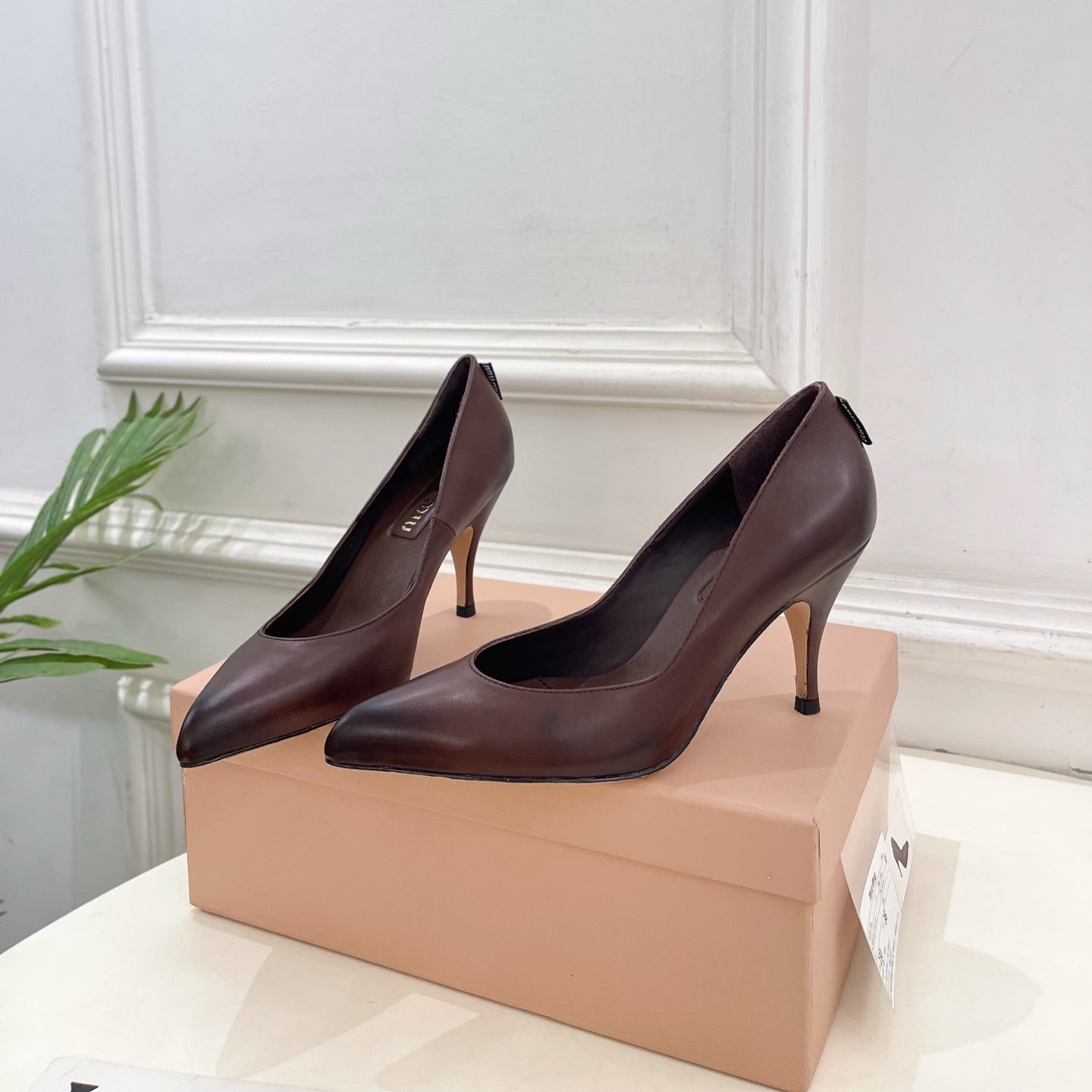 MIUMIU 26S POINTED TOE HIGH HEELS 85MM IN CHOCOLATE BROWN CALFSKIN
