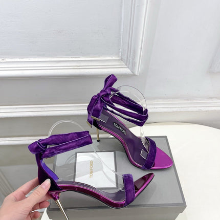 TOM FORD 26S HIGH-HEELED SANDALS 105 MM IN PURPLE FABRIC AND CALFSKIN