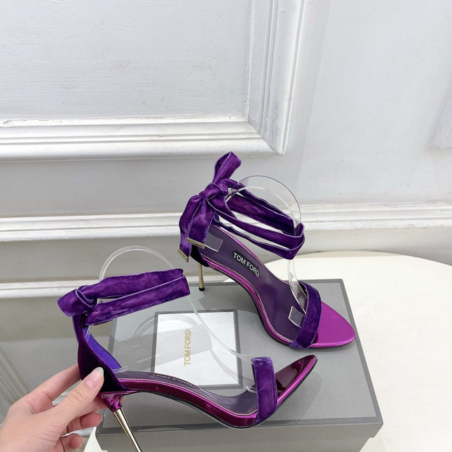 TOM FORD 26S HIGH-HEELED SANDALS 105 MM IN PURPLE FABRIC AND CALFSKIN