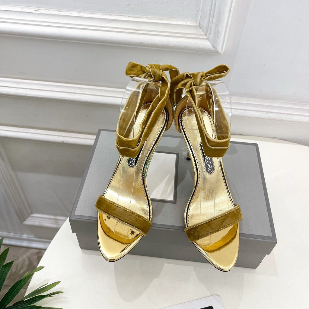 TOM FORD 26S HIGH-HEELED SANDALS 105 MM IN BROWN FABRIC AND GOLD CALFSKIN