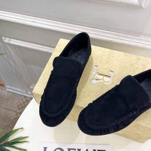 THE ROW 26S MOCCASIN LOAFERS 20MM IN BLACK SUEDE