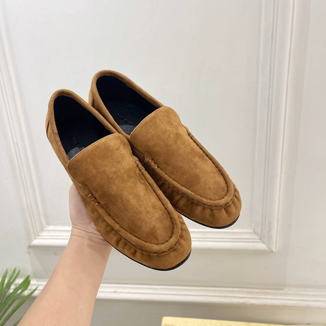 THE ROW 26S MOCCASIN LOAFERS 20MM IN COGNAC BROWN SUEDE