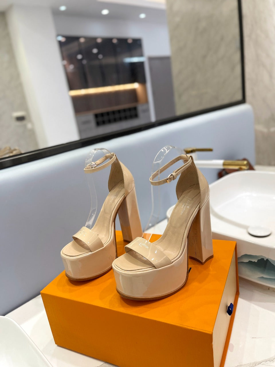 LV 26S HIGH HEEL SANDALS 145 MM IN BEIGE CALFSKIN