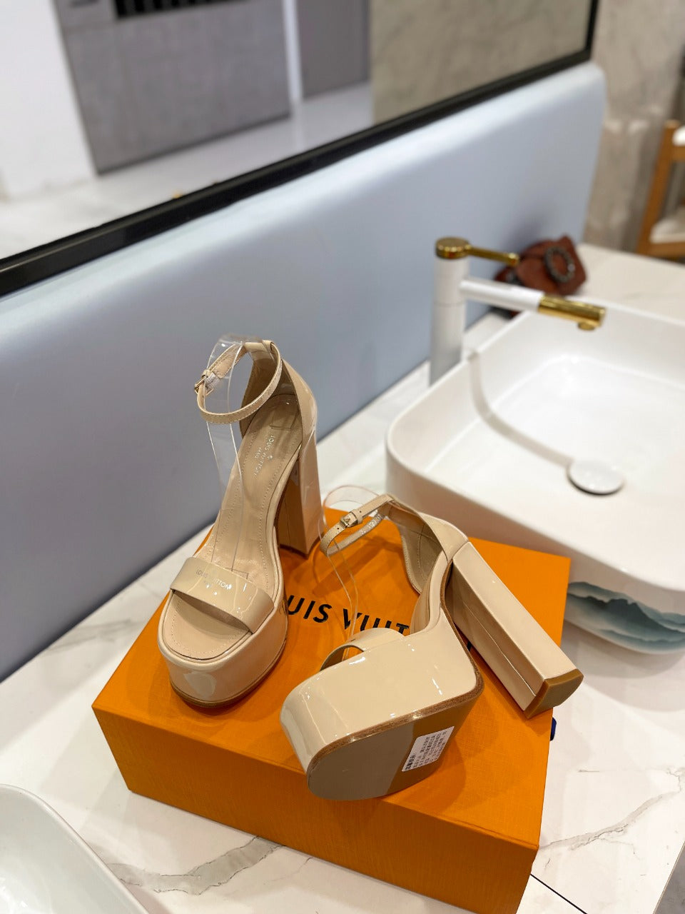 LV 26S HIGH HEEL SANDALS 145 MM IN BEIGE CALFSKIN