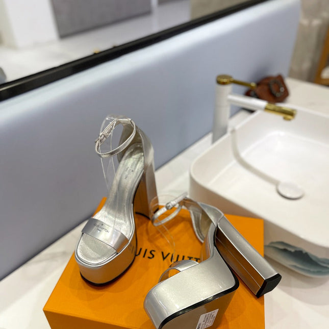 LV 26S HIGH HEEL SANDALS 145 MM IN SILVER CALFSKIN