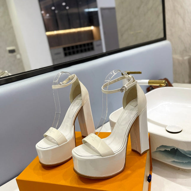 LV 26S HIGH HEEL SANDALS 145 MM IN CREAM WHITE CALFSKIN