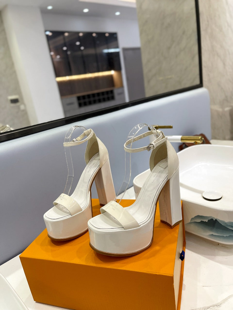 LV 26S HIGH HEEL SANDALS 145 MM IN CREAM WHITE CALFSKIN