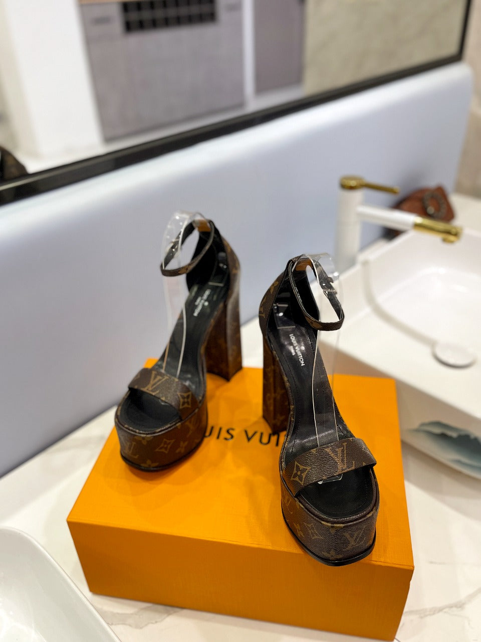 LV 26S HIGH HEEL SANDALS 145 MM IN DARK BROWN COATED CANVAS