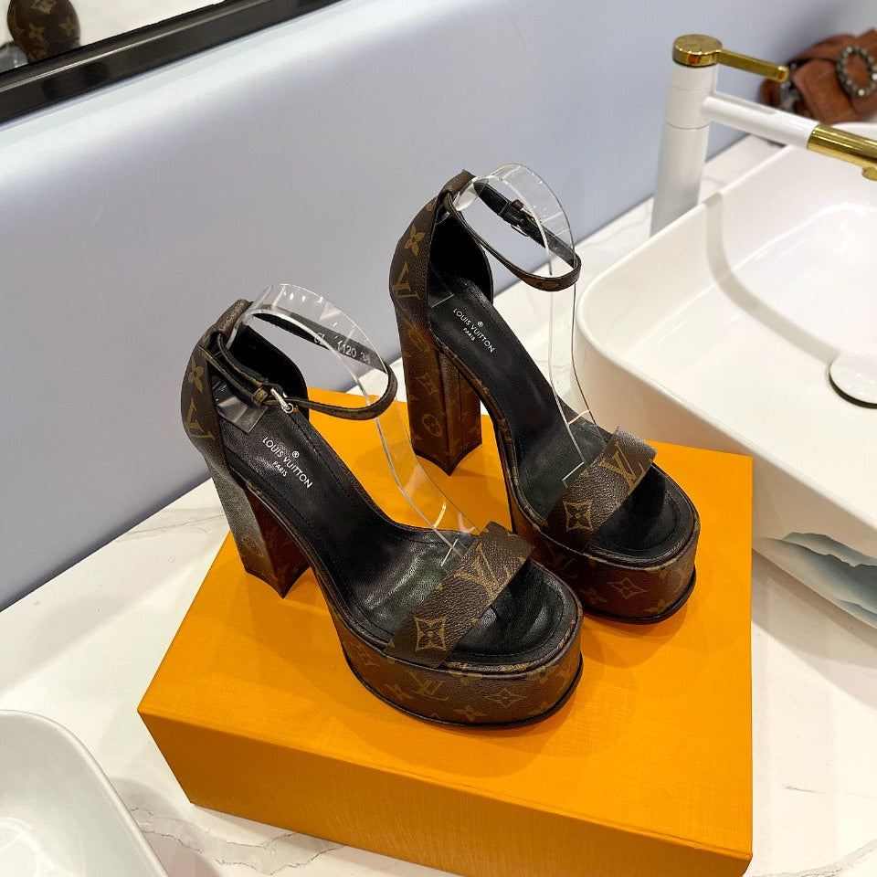 LV 26S HIGH HEEL SANDALS 145 MM IN DARK BROWN COATED CANVAS
