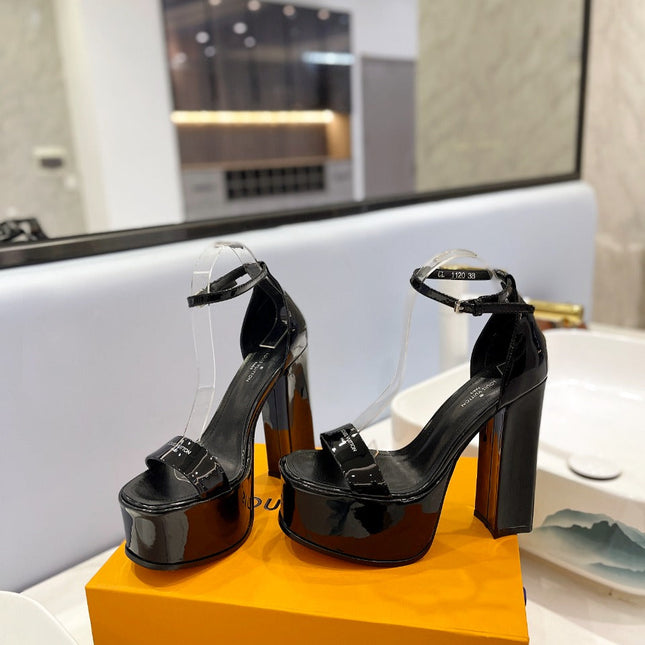 LV 26S HIGH HEEL SANDALS 145 MM IN BLACK CALFSKIN