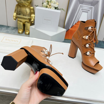 BALMAIN 26S OPEN-TOE BOOTS 115 MM IN BROWN CALFSKIN PEARL-EMBELLISHED