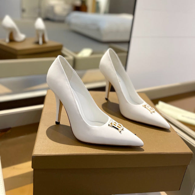 BURBERRY 26S HIGH HEELS 105 MM IN WHITE CALFSKIN WITH LOGO