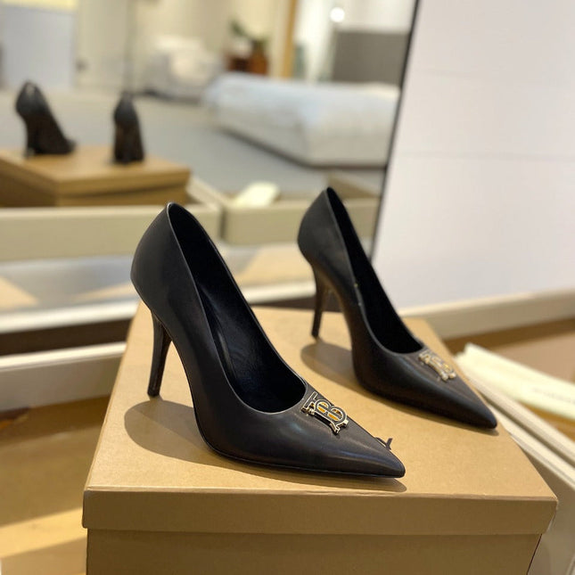 BURBERRY 26S HIGH HEELS 105 MM IN BLACK CALFSKIN WITH LOGO